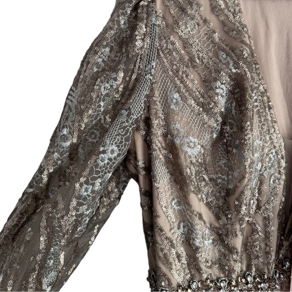 Mac Duggal Embellished Long Sleeve Plunge Neck Gown 79358 Gold Formal 16 - Picture 14 of 16